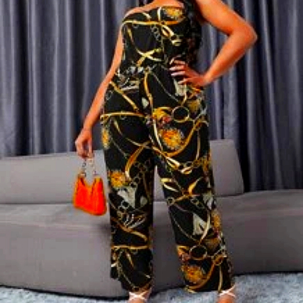 Black & Gold Tassel and Chain print wide leg Tube Jumpsuit